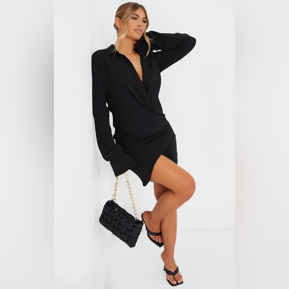 NWT PRETTY LITTLE THINGS BLACK WRAPPED SHIRT DRESS